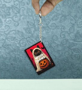 Cute Halloween Cat in Witch Costume Printed Keychain Pack of 2