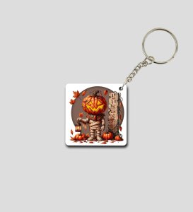 Creepy Jack-O'-Lantern Mummy Amid Autumn Pumpkins Printed Keychain Pack of 2
